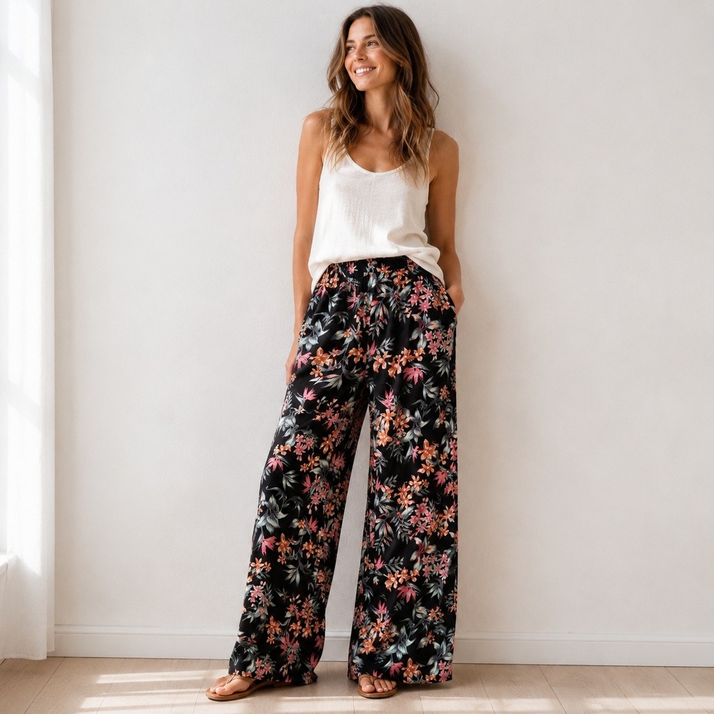 H&M Pants Wide Leg Black Tropical Floral Viscose Boho Cottagecore Summer Size 10